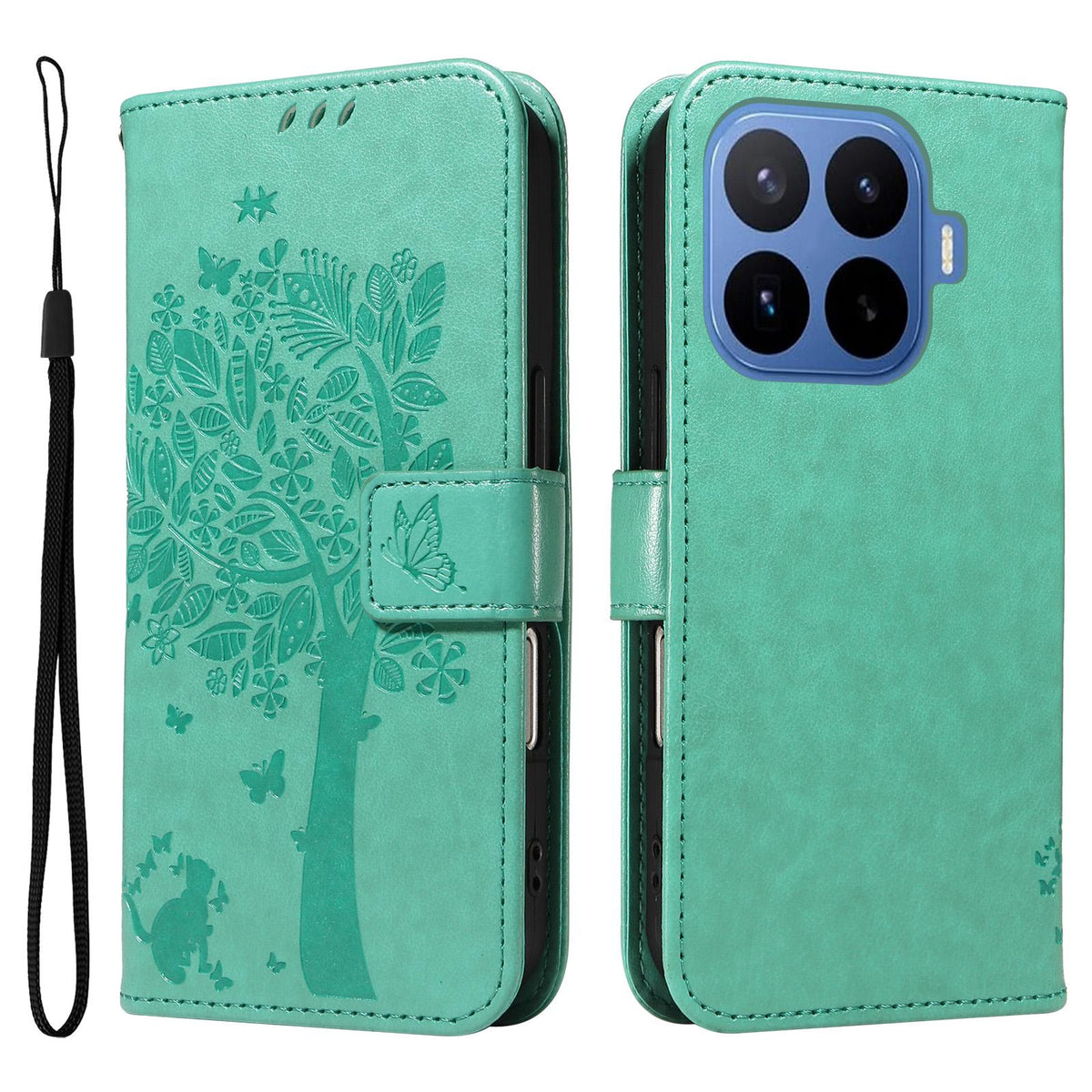 For Xiaomi 17T 5G Global Tree & Cat Embossed Pattern Flip Leather Phone Case - Green - EDA006653815B