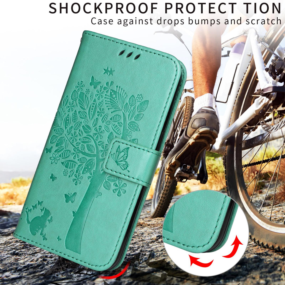 For Xiaomi 17T 5G Global Tree & Cat Embossed Pattern Flip Leather Phone Case - Green - EDA006653815B