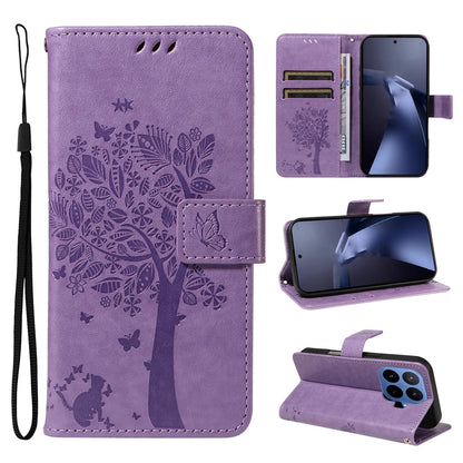 For Xiaomi 17T 5G Global Tree & Cat Embossed Pattern Flip Leather Phone Case - Light Purple - EDA006653815C