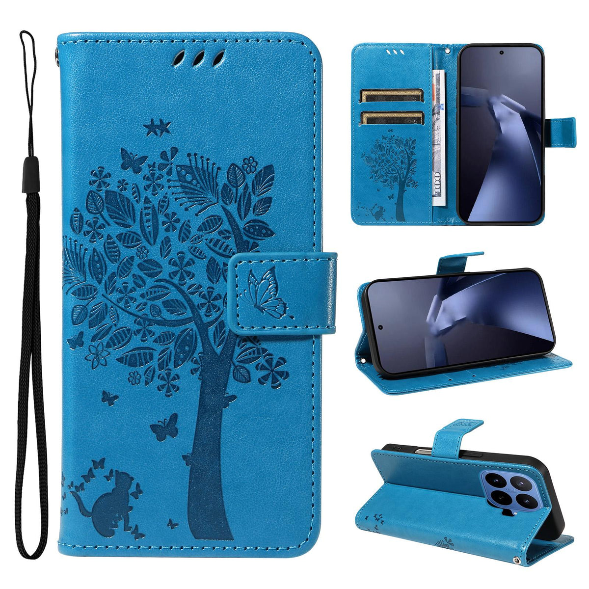 For Xiaomi 17T 5G Global Tree & Cat Embossed Pattern Flip Leather Phone Case - Blue - EDA006653815D