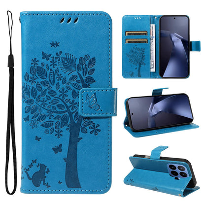 For Xiaomi 17T 5G Global Tree & Cat Embossed Pattern Flip Leather Phone Case - Blue - EDA006653815D