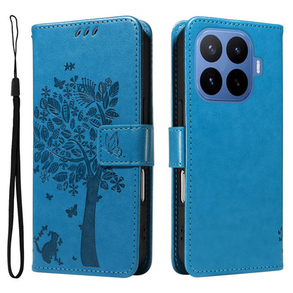 For Xiaomi 17T 5G Global Tree & Cat Embossed Pattern Flip Leather Phone Case - Blue - EDA006653815D