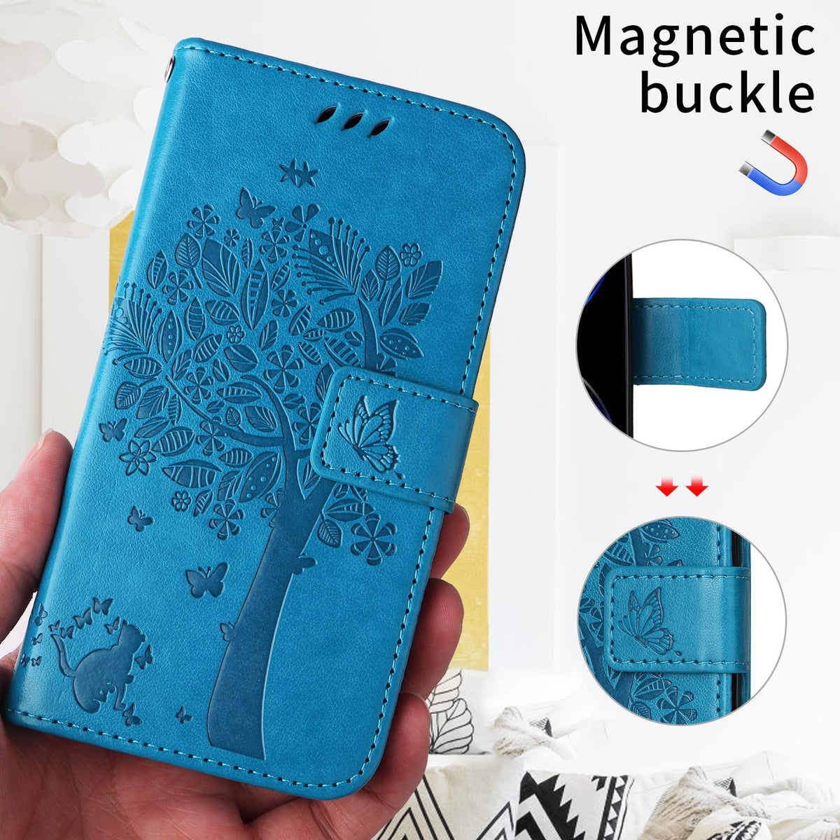 For Xiaomi 17T 5G Global Tree & Cat Embossed Pattern Flip Leather Phone Case - Blue - EDA006653815D