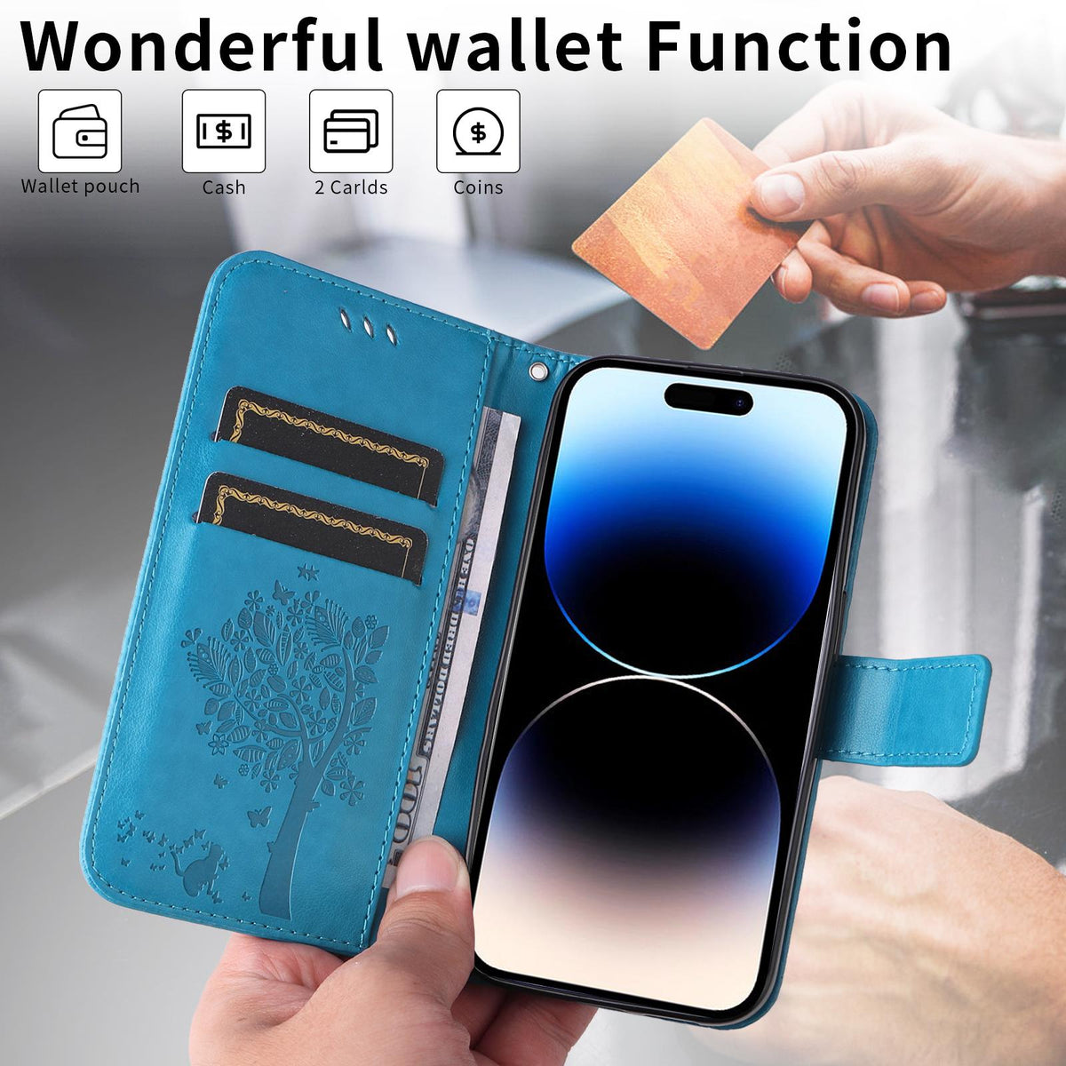 For Xiaomi 17T 5G Global Tree & Cat Embossed Pattern Flip Leather Phone Case - Blue - EDA006653815D