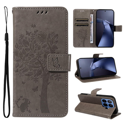 For Xiaomi 17T 5G Global Tree & Cat Embossed Pattern Flip Leather Phone Case - Grey - EDA006653815E