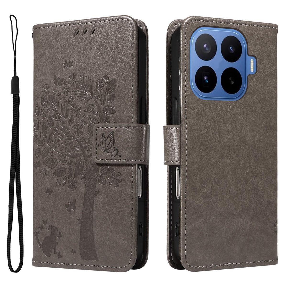 For Xiaomi 17T 5G Global Tree & Cat Embossed Pattern Flip Leather Phone Case - Grey - EDA006653815E