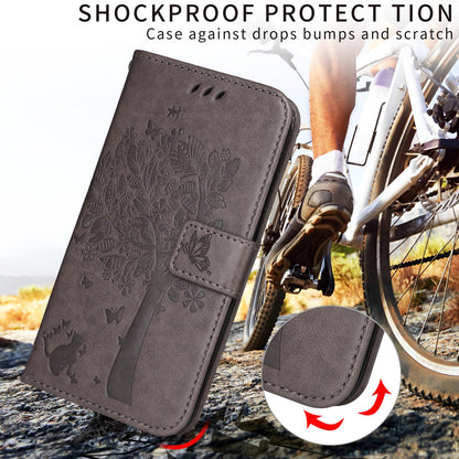 For Xiaomi 17T 5G Global Tree & Cat Embossed Pattern Flip Leather Phone Case - Grey - EDA006653815E