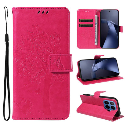 For Xiaomi 17T 5G Global Tree & Cat Embossed Pattern Flip Leather Phone Case - Rose Red - EDA006653815F