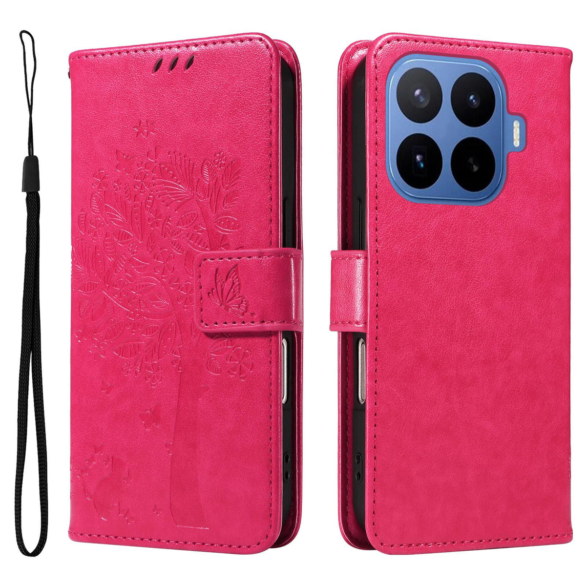 For Xiaomi 17T 5G Global Tree & Cat Embossed Pattern Flip Leather Phone Case - Rose Red - EDA006653815F
