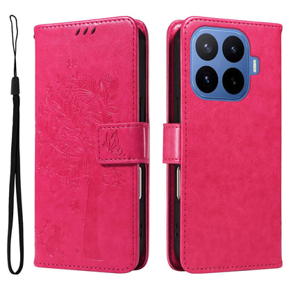 For Xiaomi 17T 5G Global Tree & Cat Embossed Pattern Flip Leather Phone Case - Rose Red - EDA006653815F
