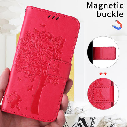 For Xiaomi 17T 5G Global Tree & Cat Embossed Pattern Flip Leather Phone Case - Rose Red - EDA006653815F