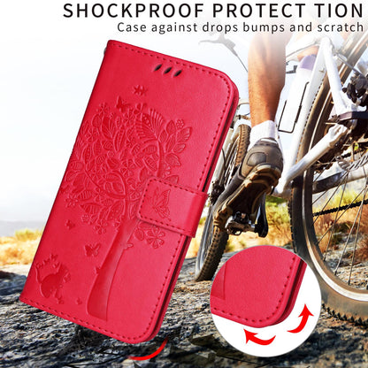 For Xiaomi 17T 5G Global Tree & Cat Embossed Pattern Flip Leather Phone Case - Rose Red - EDA006653815F