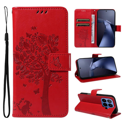 For Xiaomi 17T 5G Global Tree & Cat Embossed Pattern Flip Leather Phone Case - Red - EDA006653815G