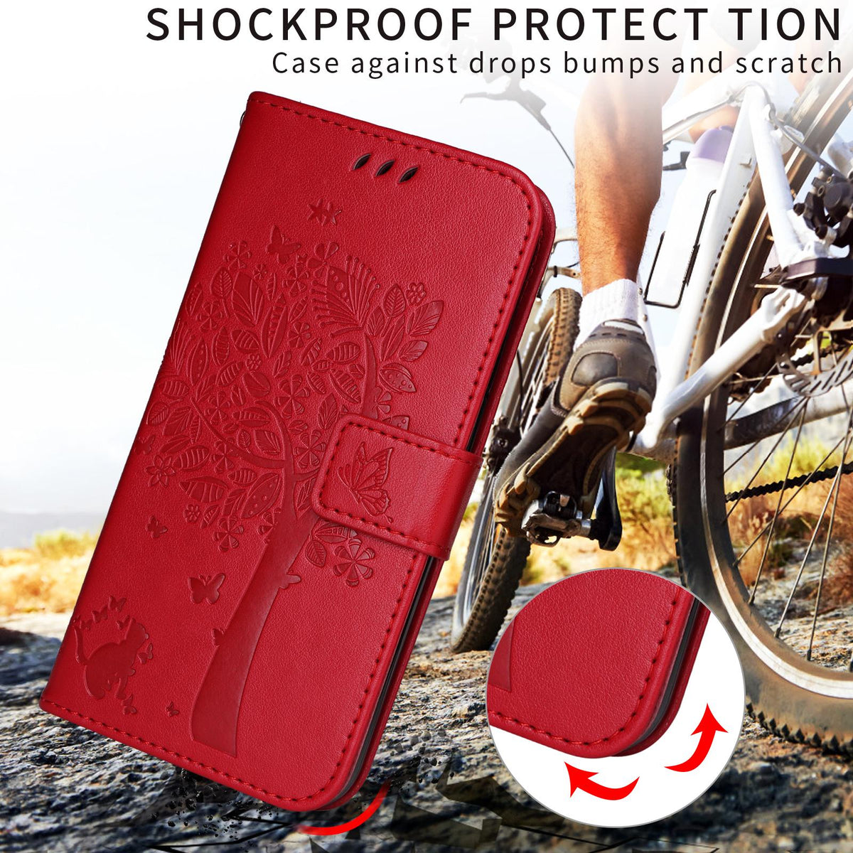 For Xiaomi 17T 5G Global Tree & Cat Embossed Pattern Flip Leather Phone Case - Red - EDA006653815G
