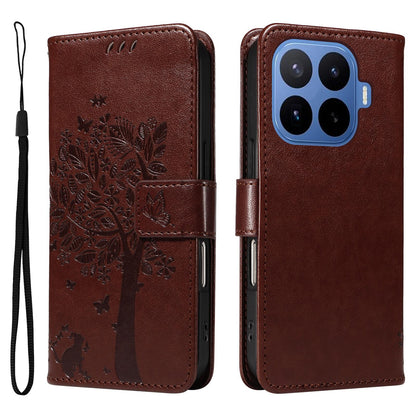 For Xiaomi 17T 5G Global Tree & Cat Embossed Pattern Flip Leather Phone Case - Coffee - EDA006653815H