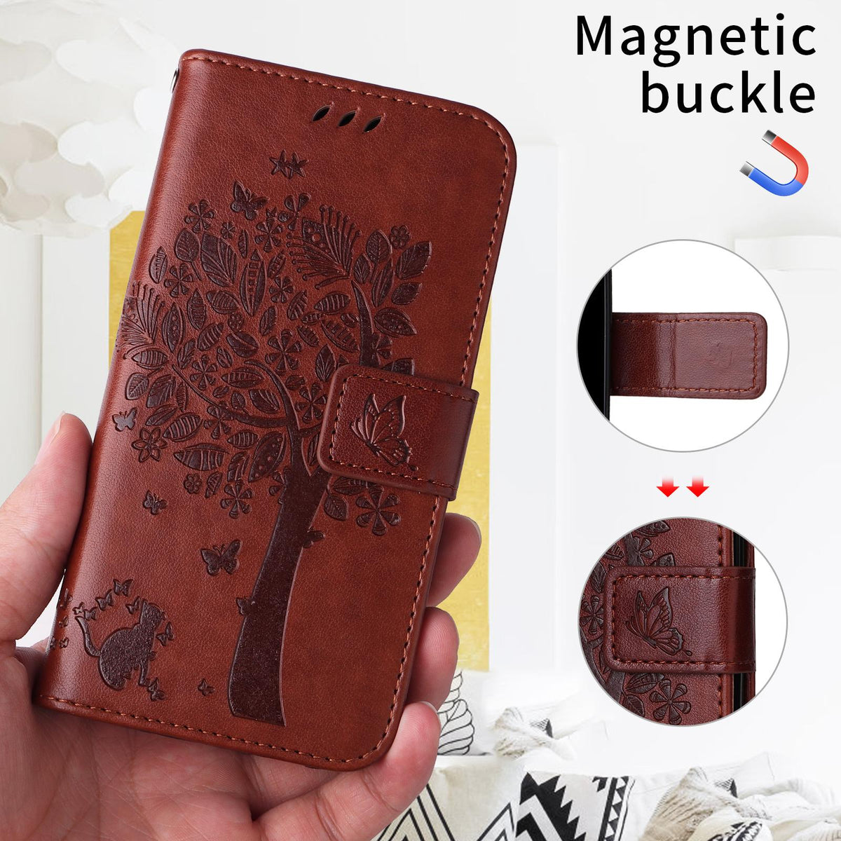 For Xiaomi 17T 5G Global Tree & Cat Embossed Pattern Flip Leather Phone Case - Coffee - EDA006653815H