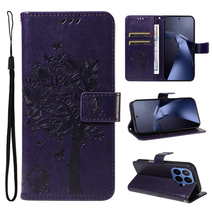 For Xiaomi 17T 5G Global Tree & Cat Embossed Pattern Flip Leather Phone Case - Purple - EDA006653815I