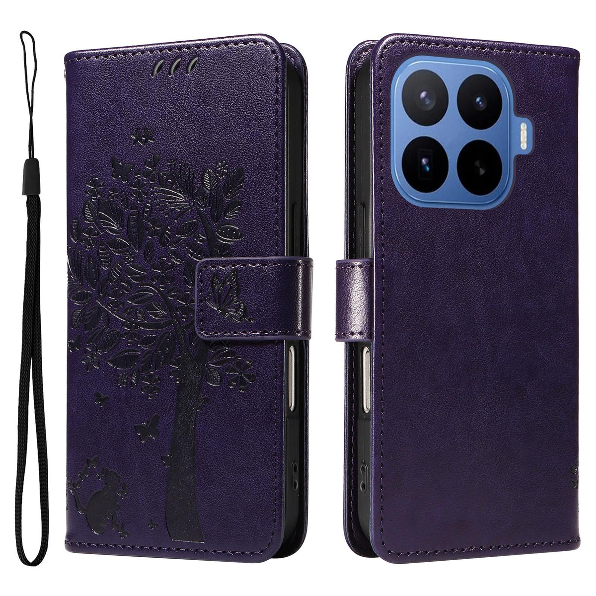 For Xiaomi 17T 5G Global Tree & Cat Embossed Pattern Flip Leather Phone Case - Purple - EDA006653815I