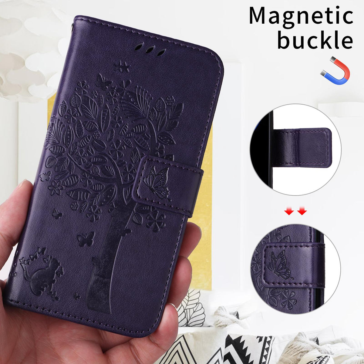 For Xiaomi 17T 5G Global Tree & Cat Embossed Pattern Flip Leather Phone Case - Purple - EDA006653815I