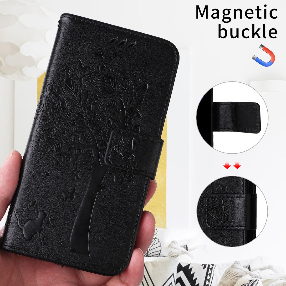 For Xiaomi 17T 5G Global Tree & Cat Embossed Pattern Flip Leather Phone Case - Black - EDA006653815J