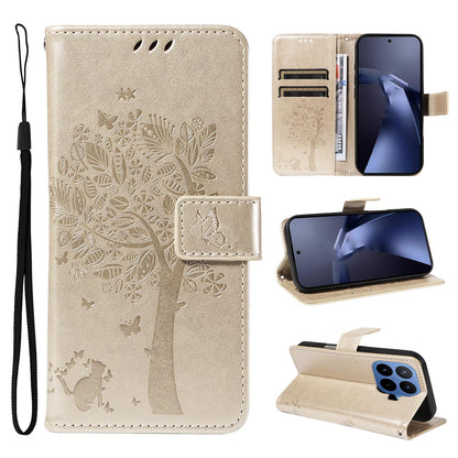 For Xiaomi 17T 5G Global Tree & Cat Embossed Pattern Flip Leather Phone Case - Gold - EDA006653815K