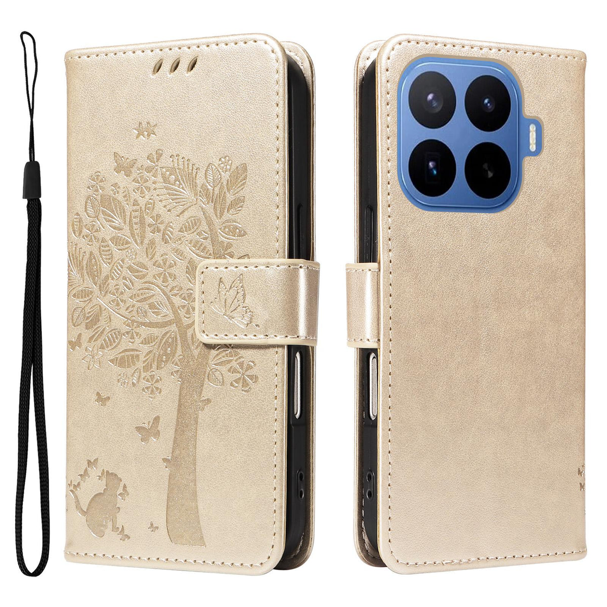 For Xiaomi 17T 5G Global Tree & Cat Embossed Pattern Flip Leather Phone Case - Gold - EDA006653815K