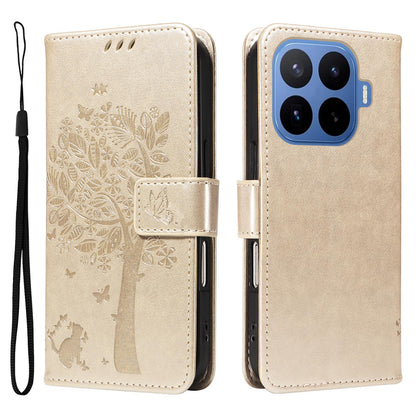 For Xiaomi 17T 5G Global Tree & Cat Embossed Pattern Flip Leather Phone Case - Gold - EDA006653815K