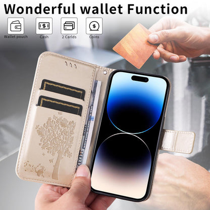 For Xiaomi 17T 5G Global Tree & Cat Embossed Pattern Flip Leather Phone Case - Gold - EDA006653815K