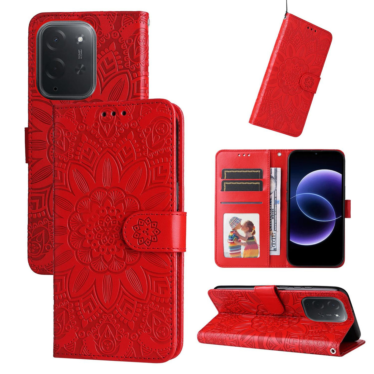 For Xiaomi Poco C95 Pro Embossed Sunflower Leather Phone Case - Red - EDA006682918A