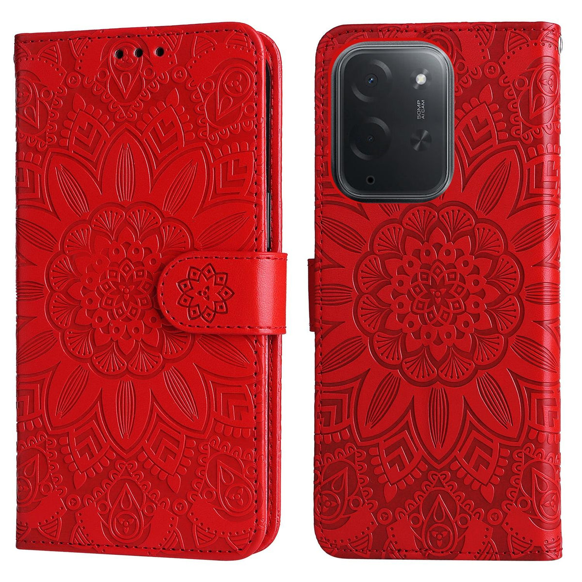 For Xiaomi Poco C95 Pro Embossed Sunflower Leather Phone Case - Red - EDA006682918A