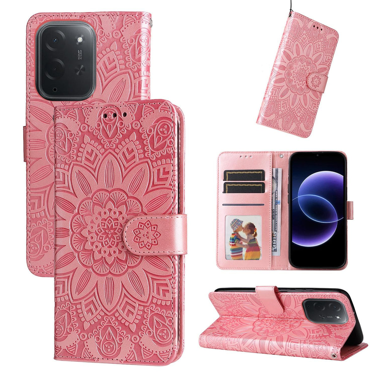 For Xiaomi Poco C95 Pro Embossed Sunflower Leather Phone Case - Pink - EDA006682918E