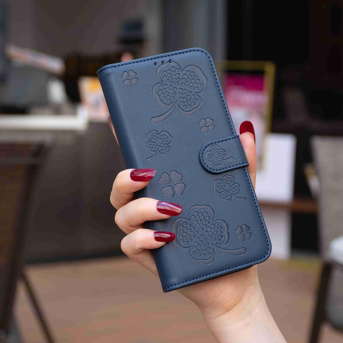 For Galaxy S26 FE 5G Four-leaf Embossed Leather Phone Case - Blue - EDA006707804B