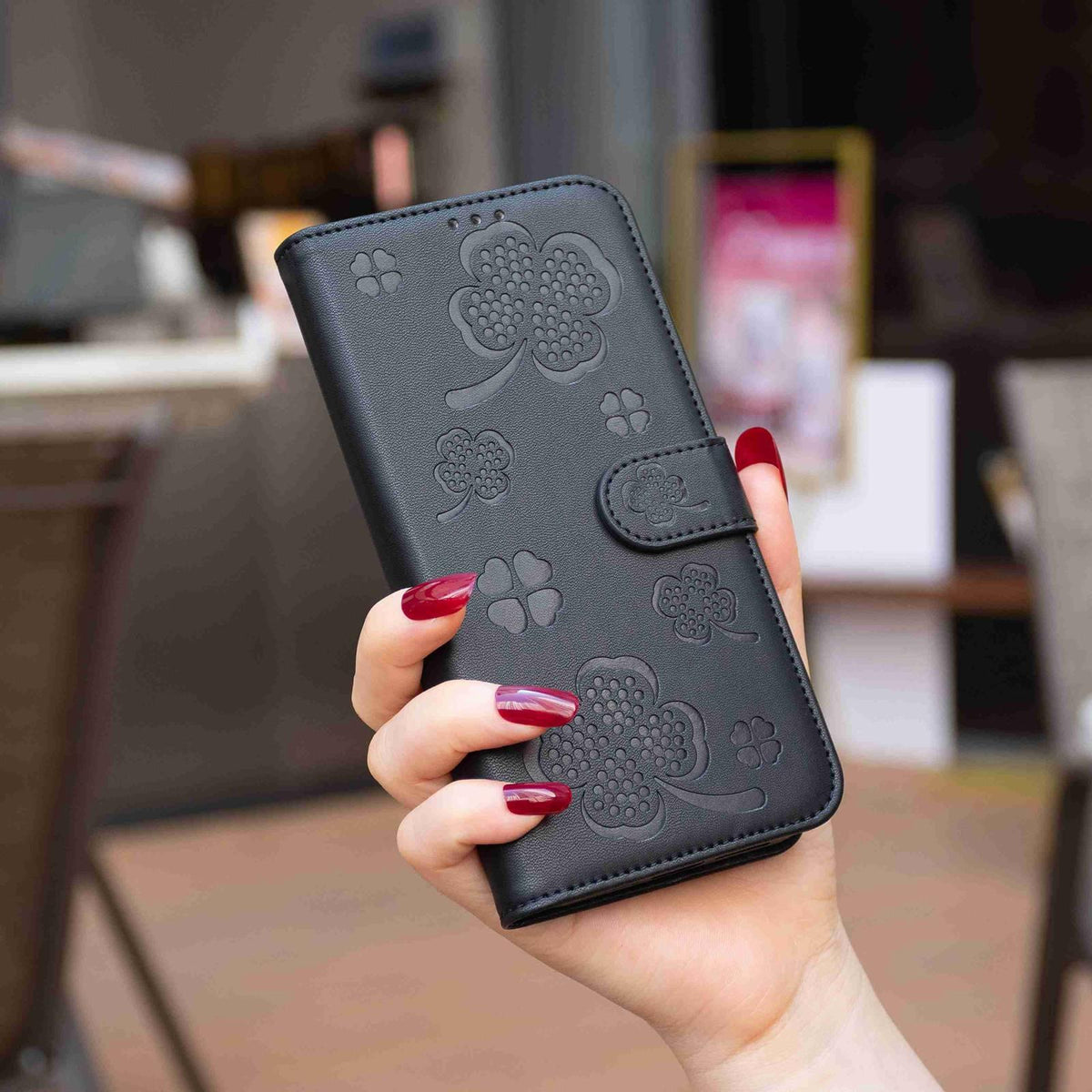 For Galaxy S26 FE 5G Four-leaf Embossed Leather Phone Case - Black - EDA006707804C