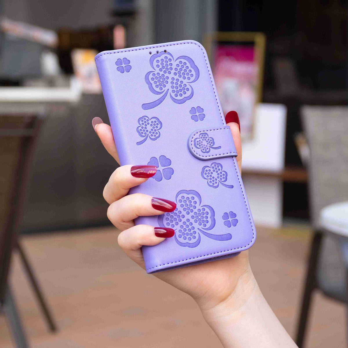 For Galaxy S26 FE 5G Four-leaf Embossed Leather Phone Case - Purple - EDA006707804D