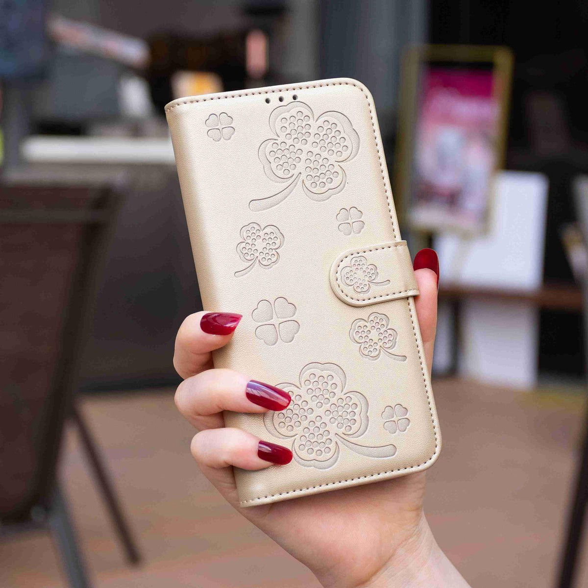 For Galaxy S26 FE 5G Four-leaf Embossed Leather Phone Case - Gold - EDA006707804E