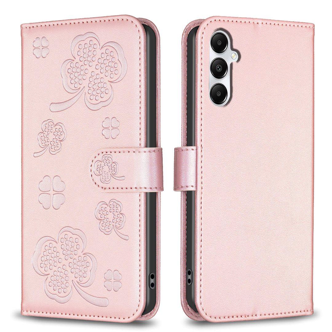 For Galaxy S26 FE 5G Four-leaf Embossed Leather Phone Case - Pink - EDA006707804F