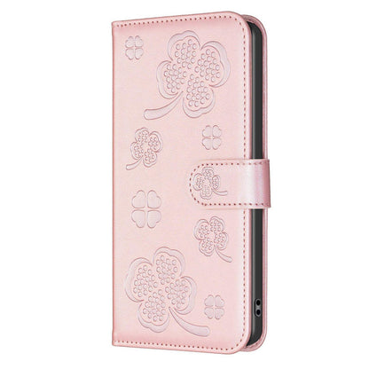 For Galaxy S26 FE 5G Four-leaf Embossed Leather Phone Case - Pink - EDA006707804F