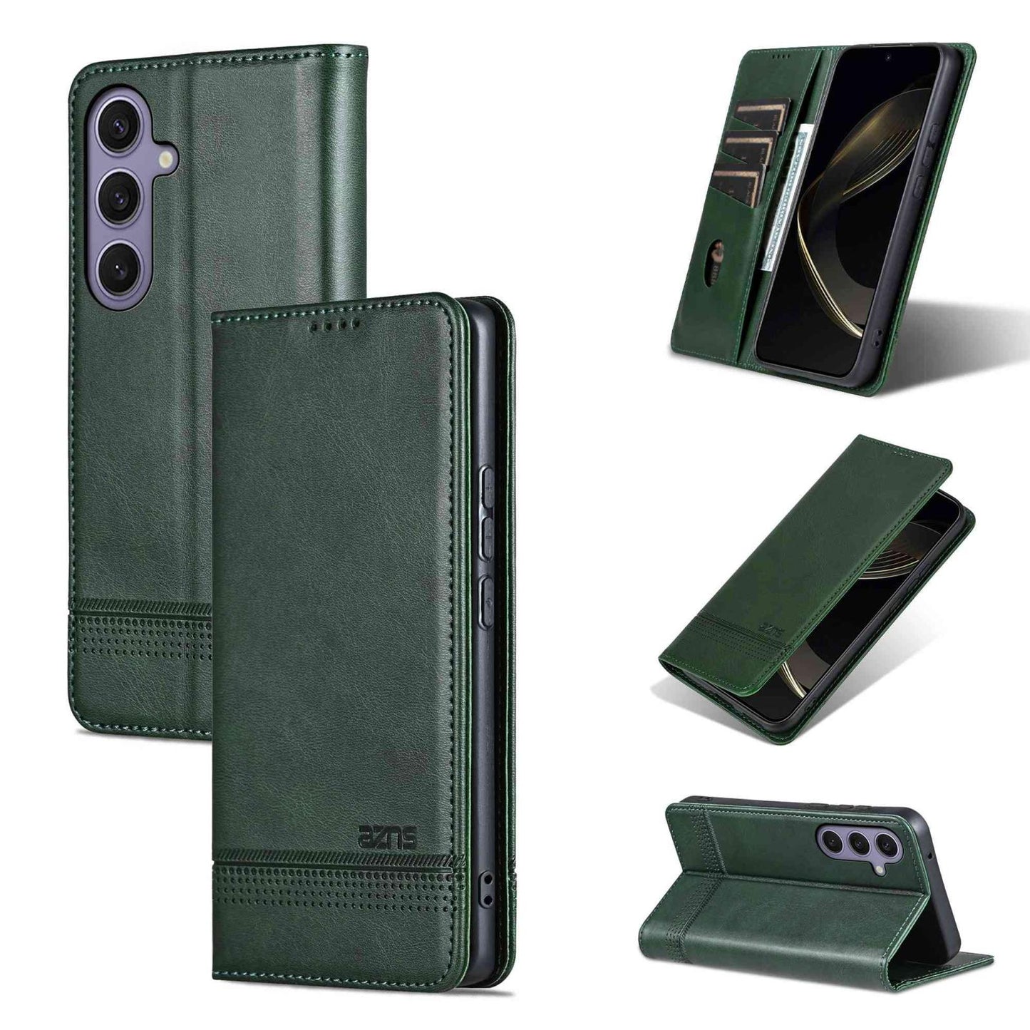 For Galaxy S26 FE 5G AZNS Magnetic Calf Texture Flip Leather Phone Case(Dark Green)