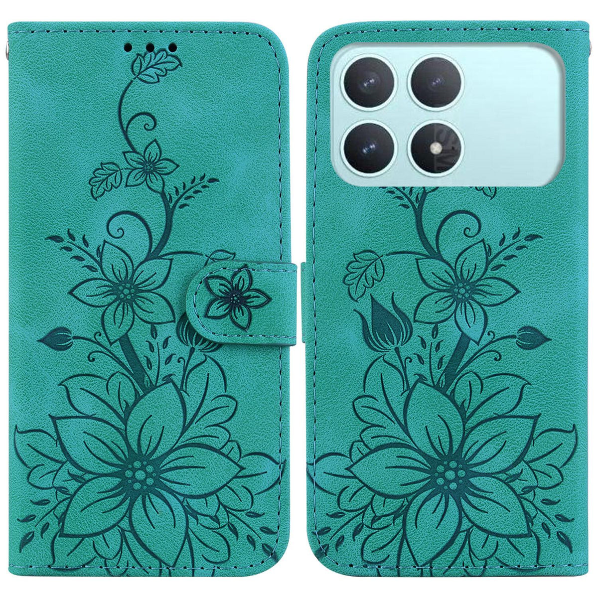 For Redmi K90 / Xiaomi Poco F8 Pro 5G Lily Embossed Leather Phone Case - Green - EDA006711025A