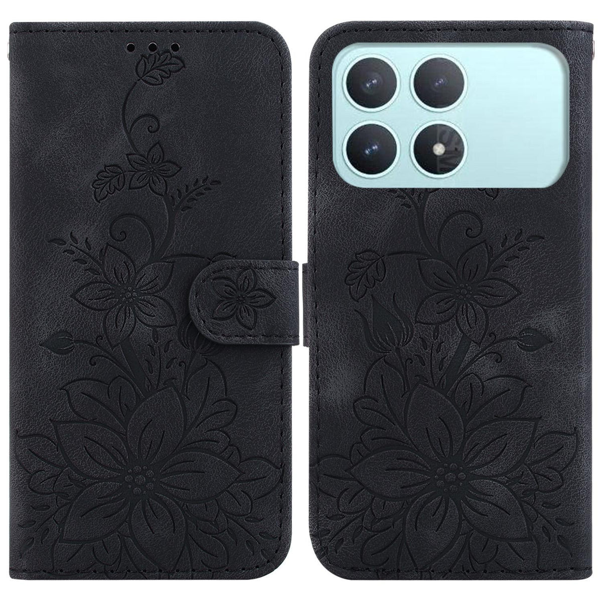 For Redmi K90 / Xiaomi Poco F8 Pro 5G Lily Embossed Leather Phone Case - Black - EDA006711025F