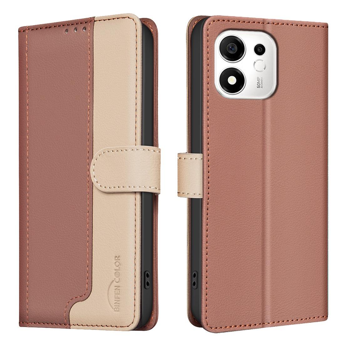 For Honor 600 Smart 5G/X7e Plus 5G Color Matching RFID Anti-theft Leather Phone Case - Brown - EDA006717329B