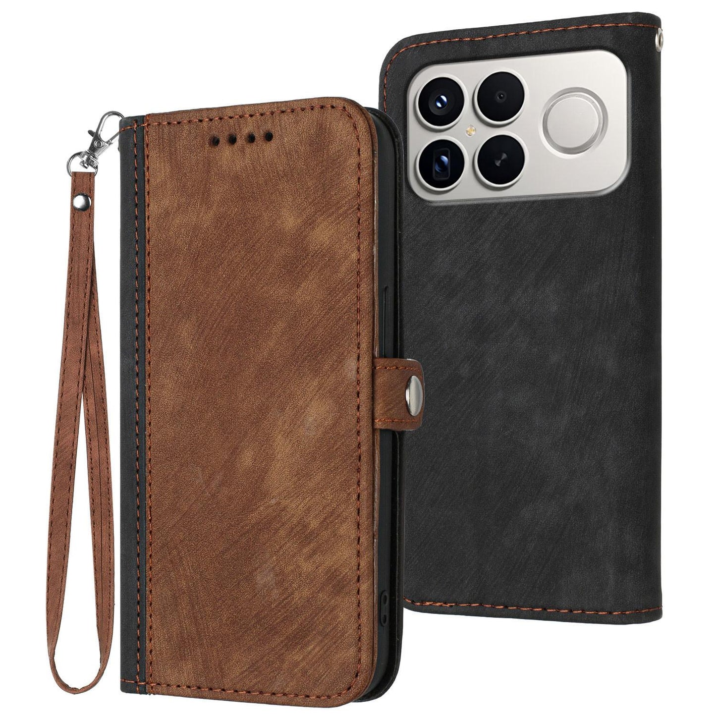 For Redmi K90 Pro Max / Poco F8 Ultra Side Buckle Double Fold Hand Strap Leather Phone Case(Brown)