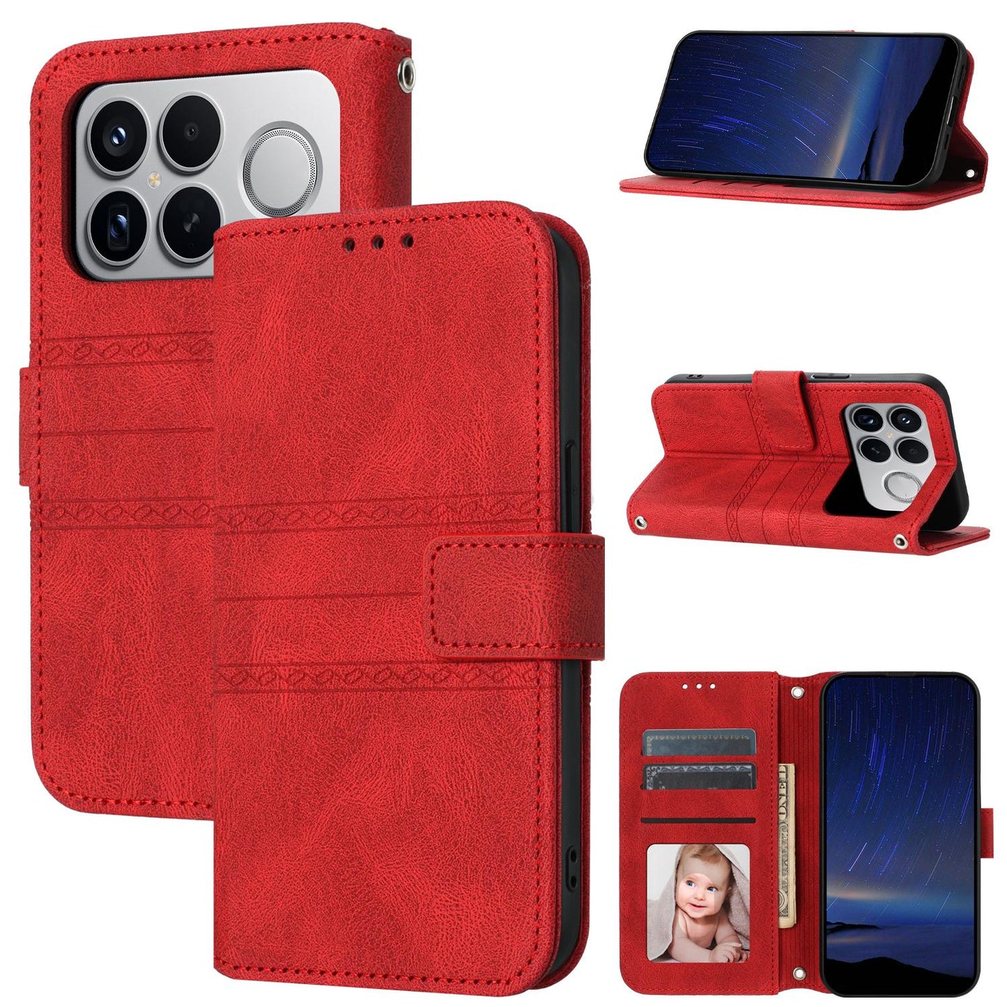For Redmi K90 Pro Max / Poco F8 Ultra Embossed Stripes Skin Feel Leather Phone Case(Red)