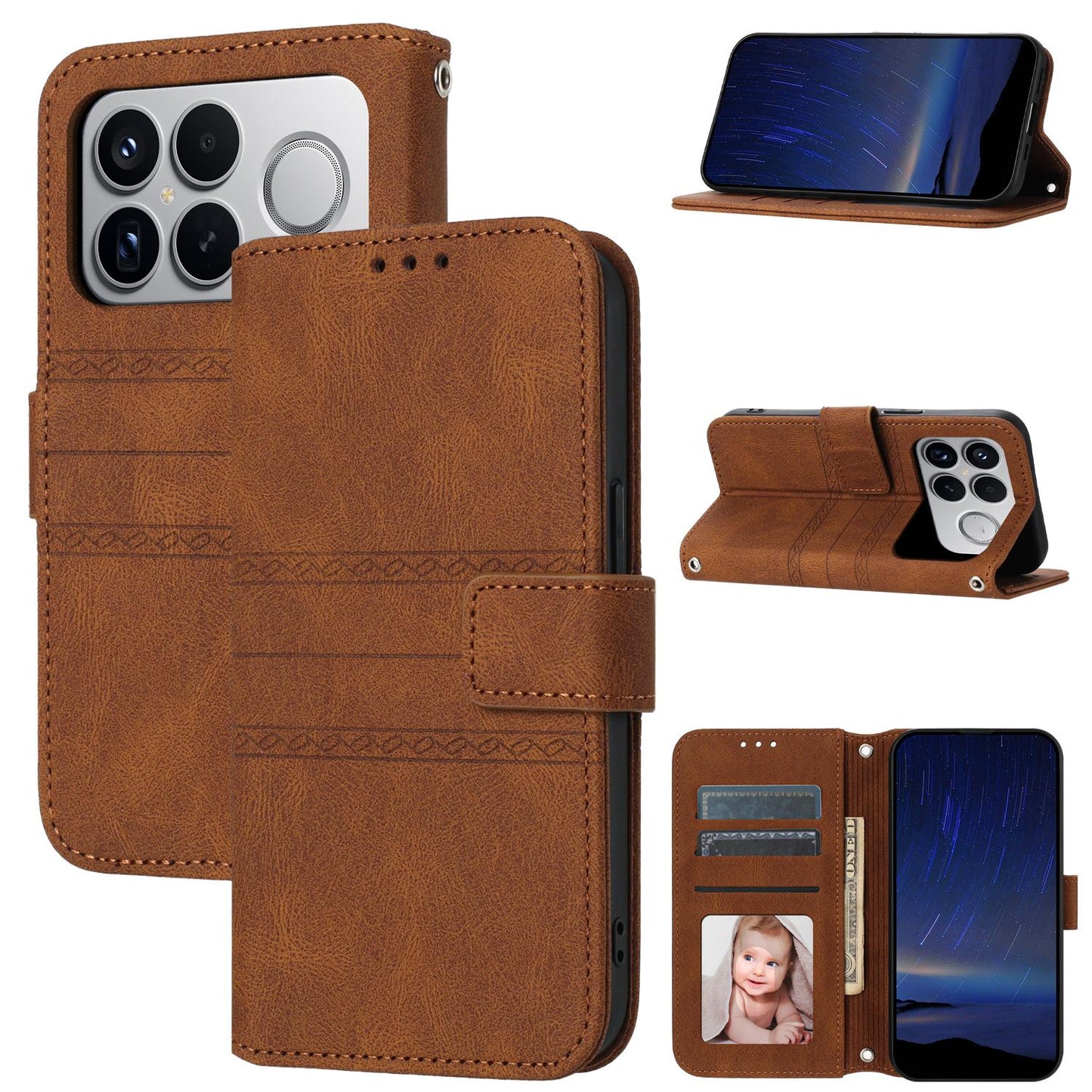 For Redmi K90 Pro Max / Poco F8 Ultra Embossed Stripes Skin Feel Leather Phone Case(Brown)