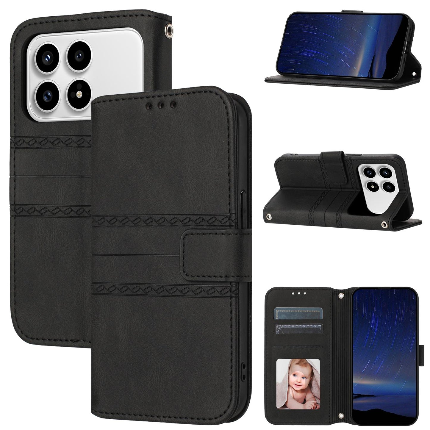 For Redmi K90 Pro Max / Poco F8 Ultra Embossed Stripes Skin Feel Leather Phone Case(Black)