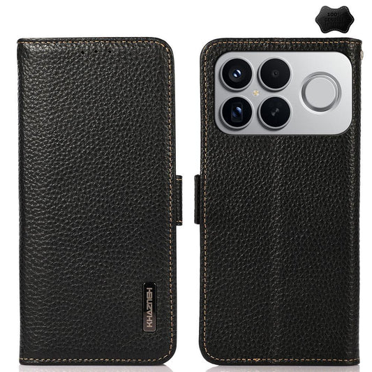 For Redmi K90 Pro Max/Poco F8 Ultra KHAZNEH Side-Magnetic Litchi Genuine Leather RFID Phone Case(Black)
