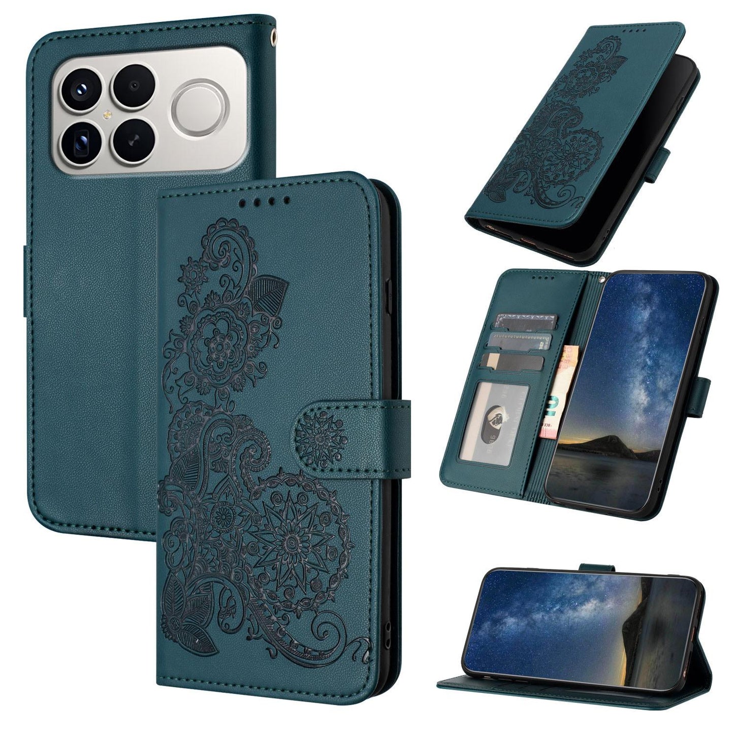 For Redmi K90 Pro Max / Poco F8 Ultra 5G Datura Flower Embossed Flip Leather Phone Case(Dark Green)
