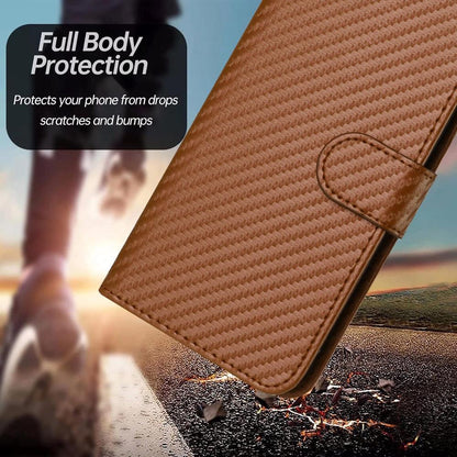 For Redmi K90 Pro Max / Poco F8 Ultra YX0070 Carbon Fiber Buckle Leather Phone Case with Lanyard(Coffee)