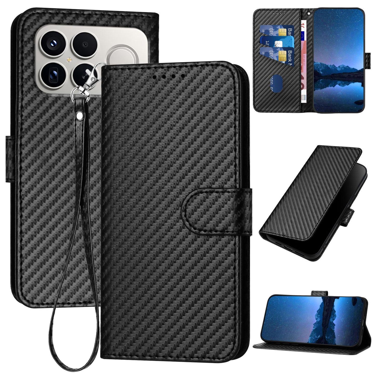 For Redmi K90 Pro Max / Poco F8 Ultra YX0070 Carbon Fiber Buckle Leather Phone Case with Lanyard(Black)