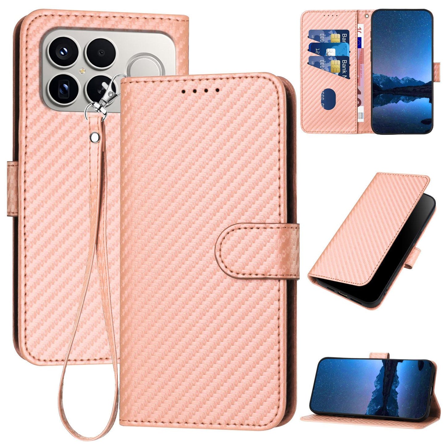 For Redmi K90 Pro Max / Poco F8 Ultra YX0070 Carbon Fiber Buckle Leather Phone Case with Lanyard(Pink)